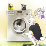 aged_up anthro appliance black_sclera blush bottomwear clothed clothing crossdressing crouching duo embarrassed female fur horn laundry_machine long_ears male simple_background skirt text thought_bubble washing_machine what white_body white_fur blackontrack undertale undertale_(series) asriel_dreemurr_(god_form) toriel boss_monster_(undertale) bovid caprine mammal 1:1 english_text lol_comments