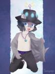 anthro belt blue_eyes clothing collar hat headgear headwear heart_symbol kemono male simple_background solo suggestive underwear sunnynoga sanrio show_by_rock!! uchuura_(show_by_rock!!) mammal mustelid myumon otter 2015 hi_res