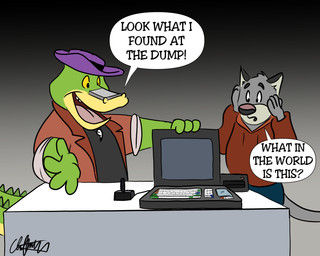 4_fingers anthro bottomwear clothing computer countershading duo electronics fingers green_body grey_body hoodie humanoid_hands male pants shirt text topwear sobieniak brok_the_investigator cowcat_games brok_(brok_the_investigator) graff_filsh alligator alligatorid crocodilian domestic_cat felid feline felis mammal reptile scalie 2021 5:4 english_text hi_res