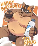 anthro belly bottle bulge clothed clothing container fingerless_gloves gesture gloves hand_gesture handwear happy_birthday male mask moobs overweight overweight_anthro overweight_male solo sports_mask sportswear text v_sign water_bottle wrestler wrestling_mask binca_233 flappydog_(character) canid canine canis domestic_dog mammal 5:6 english_text hi_res