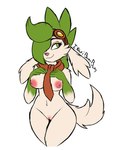 anthro anthrofied breasts eyewear female fur genitals goggles green_eyes green_hair hair hand_on_breast long_ears nipples nude pink_nose pokemorph pussy scarf smile solo white_body white_fur ikaribunbun nintendo pokemon grace_mustang generation_4_pokemon legendary_pokemon pokemon_(species) shaymin sky_forme_shaymin hi_res