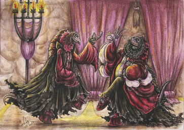 anthro beak clothed clothing curtains dancing duo elderly elderly_intersex fangs fully_clothed gown happy inside jewelry multi_limb renaissance_architecture renaissance_clothing ruff_(clothing) teeth skekla_(artist) the_dark_crystal skekla_the_illustrator skeksil_the_chamberlain alien skeksis 2017 english_description signature herm_(lore)