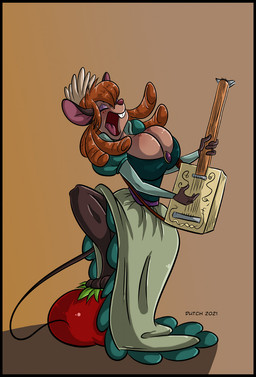 acoustic_guitar alternative_fashion anthro big_breasts black_border border breasts brown_body brown_fur buckteeth classic_lolita clothed clothing dress eyes_closed female food freckled_face freckles fruit fur guitar headgear headwear j-fashion lolita_(fashion) multicolored_body multicolored_fur musical_instrument plant plucked_string_instrument solo string_instrument teeth tomato two_tone_body two_tone_fur dutch_(artist) an_american_tail don_bluth bridget_(an_american_tail) mammal mouse murid murine rodent 2021 digital_media_(artwork) hi_res