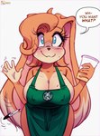 anthro apron apron_only arm_tuft big_breasts blue_eyes blush bodily_fluids breasts clothing collarbone container cup dialogue eyebrows eyelashes female floppy_ears flustered fur huge_breasts lop_ears markings mole_(marking) mole_on_breast nipple_outline pen short_stack shoulder_tuft solo sweat sweatdrop tan_body tan_fur tuft wide_hips doronkomajo i_mean_breast_milk starbucks lagomorph leporid mammal rabbit 2025 hi_res meme