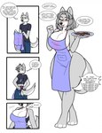 anthro apron apron_only big_breasts blush breast_growth breasts clothed clothing cookie curvy_figure dialogue female female_focus food fur gender_transformation grey_body grey_fur grey_hair growth hair hair_growth happy long_hair male mind_alteration mtf_transformation open_mouth personality_change short_hair simple_background solo speech_bubble surprised_expression tail text thick_thighs transformation white_background hostile-elf i_mean_breast_milk canid canine canis mammal wolf colored comic english_text hi_res meme