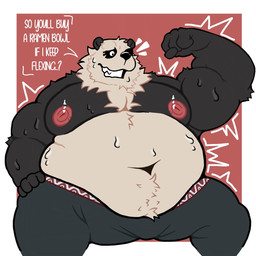 anthro arm_tuft awkward awkward_smile belly_tuft belt big_nipples bodily_fluids bottomwear chest_tuft clothed clothing dialogue flexing flexing_bicep hair male muscular muscular_anthro muscular_male nipples obese overweight overweight_anthro overweight_male pants raised_arm simple_background sitting solo sweat text tight_clothing tight_fit topless tuft crococola mihoyo zenless_zone_zero pan_yinhu bear giant_panda mammal 1:1 english_text hi_res