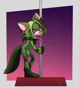 anthro dancing femboy flaccid fur genital_piercing genitals green_body green_fur male penis penis_piercing piercing pole pole_dancing solo tongue miguel_layme sega sonic_the_hedgehog_(series) fan_character raul_the_anteater anteater mammal pilosan xenarthran hi_res