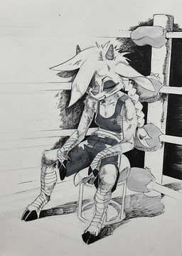 2_horns anthro arm_wraps biped bottomwear braided_hair braided_ponytail breasts clothed clothing cloven_hooves crop_top eyebrows eyes_closed female fighting_ring furniture hair hoof_hands hooves horn leg_wraps ponytail shirt shorts sitting small_breasts solo stool tank_top topwear unguligrade wraps horemheb feta_(chamma_retsuden) bovid caprine goat mammal 2025 absurd_res hi_res monochrome sketch