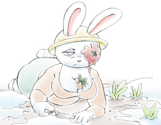 annoyed anthro big_breasts bottomwear breasts carrot clothing dirt eyeshadow female food fruit fur furgonomic_hat furgonomic_headwear furgonomics gardening green_bottomwear green_clothing green_skirt hat headgear headwear lying makeup object_between_breasts on_front pink_nose plant purple_eyes rabbit_ears scut_tail short_tail simple_background skirt solo tail tan_clothing tan_shirt tan_topwear tired tomato topwear trowel unimpressed vegetable white_background white_body white_fur white_tail yellow_clothing yellow_hat yellow_headwear jubb lagomorph leporid mammal rabbit 2025 mother_(lore) parent_(lore)