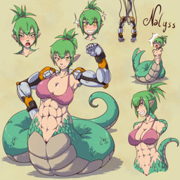 2_artificial_limbs 2_missing_limbs abs amputee apode blush breasts cleavage clothed clothing cybernetics disability female genitals green_hair hair legless looking_at_viewer machine missing_all_arms missing_arm prosthetic prosthetic_arm prosthetic_limb serpentine solo split_form vulva yellow_eyes gamera_(artist) cyborg draconcopode humanoid lamia reptile scalie snake 1:1 2012