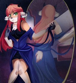 anthro bathrobe biped black_bottomwear black_clothing black_topwear blue_clothing blue_robe bottomwear breasts clothed clothing eyebrows eyelashes eyes_closed female fur gem green_eyes hair horn jewelry long_ears long_hair looking_at_viewer mirror mirror_reflection multicolored_body multicolored_fur navel necklace orange_hair pearl_(gem) pearl_necklace raised_arm reflection robe solo standing tan_body tan_fur topwear two_tone_body two_tone_fur undressing saintxtail chinook_(crosis278) antelope bovid mammal 2015 digital_media_(artwork) signature story story_in_description