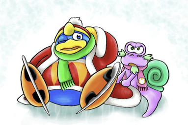 anthro beak blue_body blue_feathers clothed clothing duo facial_hair feathers footwear goatee green_shell hat headgear headwear ice ice_skates male mature_anthro mature_male one_eye_closed open_mouth purple_body robe scarf shell yellow_beak chasoba11 kirby:_right_back_at_ya! kirby_(series) nintendo escargoon king_dedede avian bird gastropod mollusk penguin snail 2011 japanese_description