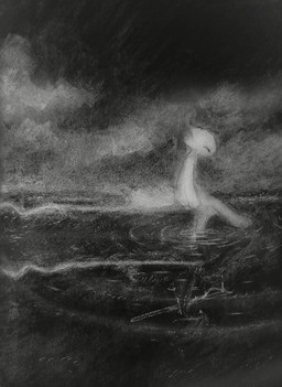 ambiguous_gender anthro biped blood bodily_fluids dark darkness death feet fluffy fur happy impalement legs_in_water partially_submerged simple_background sitting smile solo symmetry symmetry_(reflectional) tail toes water tangerinefox casualties:_unknown canid canine expie_(gunsawian) ghost gunsawian hybrid mammal murid rodent spirit 2026 absurd_res chalk_(artwork) charcoal_(artwork) graphite_(artwork) greyscale hi_res monochrome traditional_media_(artwork)