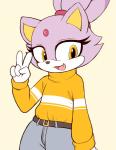 amber_eyes anthro belt bottomwear clothed clothing denim denim_bottomwear denim_clothing eyelashes fangs female forehead_gem fully_clothed gem gesture hair hand_gesture jeans looking_at_viewer open_mouth open_smile pants purple_hair simple_background smile solo sweater teeth topwear v_sign moozua sega sonic_the_hedgehog_(series) blaze_the_cat domestic_cat felid feline felis mammal 2019 absurd_res hi_res