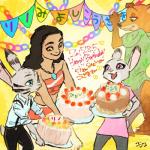 anthro cake clothed clothing dessert female food group male smile text monmokamoko disney moana zootopia jack_savage judy_hopps moana_waialiki nick_wilde canid canine fox human lagomorph leporid mammal rabbit red_fox true_fox 1:1 2017 english_text japanese_text signature