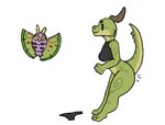 amber_(squablodecomplash) ambiguous_gender animated antennae_(anatomy) anthro arthropod black_clothing bra breasts clothed clothing digital_media_(artwork) duo dustox facial_markings feet female fur generation_3_pokemon green_body green_scales head_markings horn horn_markings insect insect_wings kobold lepidopteran markings multicolored_body nintendo panties partially_clothed pokemon pokemon_(species) purple_body purple_fur raised_tail scales scalie short_playtime simple_background smile squablodecomplash tail toes topwear underwear wings