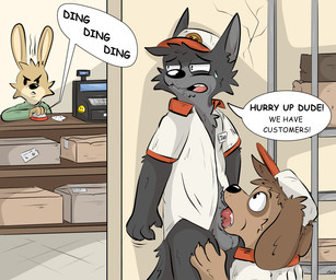 4_fingers against_surface against_wall annoyed anthro anthro_on_anthro at_work balls bell biped bodily_fluids bottomless bottomless_anthro bottomless_male box brown_body brown_fur buckteeth cardboard cardboard_box cash_register claws clothed clothed_anthro clothed_male clothing container cute_fangs delivery_(commerce) delivery_employee dialogue duo_focus erection fangs fellatio finger_claws fingers floppy_ears food_carrier food_delivery fur genitals grey_body grey_fur group hat headgear headwear hiding indoor_sex inside interspecies looking_at_another looking_at_partner looking_up looking_up_at_another looking_up_at_partner lop_ears male male/male male_anthro mouth_closed narrowed_eyes open_mouth oral packaging penile penis penis_base penis_in_mouth pizza_delivery pizza_delivery_carrier receipt sex shelf shirt snout sound_effects speech_bubble standing stealth_sex storage_room sweat sweatdrop tail talking_to_another talking_to_partner teeth text topwear trio unprofessional_behavior wall_(structure) whisker_spots conditional_dnp tinnier canid canine canis domestic_cat domestic_dog felid feline felis lagomorph leporid mammal rabbit 6:5 english_description english_text hi_res