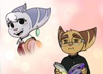 anthro backpack blush clothed clothing duo ear_piercing eyewear female fur glasses hair magazine male open_mouth piercing pink_nose tongue white_body white_fur white_hair yellow_body yellow_fur time_fluffy500 dandadan ratchet_and_clank sony_corporation sony_interactive_entertainment ratchet_(ratchet_and_clank) rivet_(ratchet_and_clank) lombax mammal 2025 alternate_version_at_source