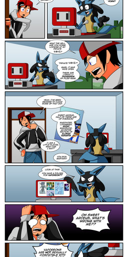 anthro clothed clothing computer dialogue duo electronics female hair hat headgear headwear male parody profanity text neocomet nintendo pokemon vaporeon_copypasta pokemon_trainer eeveelution generation_1_pokemon generation_4_pokemon human lucario mammal pokemon_(species) vaporeon absurd_res comic english_text hi_res meme