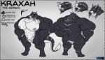 anthro big_muscles biped border facial_piercing grey_border grin huge_muscles hyper hyper_muscles male muscular muscular_anthro muscular_male nipple_piercing nipples nose_piercing nose_ring nude piercing ring_piercing smile solo standing tail text vein araidian kraxah sergal 2018 english_text hi_res model_sheet