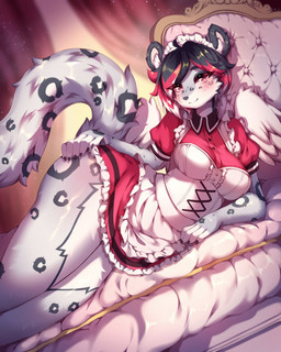 5_fingers anthro biped blush clothed clothed_anthro clothed_female clothing female fingers fluffy fluffy_tail fully_clothed fully_clothed_anthro fully_clothed_female fur fur_markings grey_body grey_fur hair hands_on_hips inner_ear_fluff looking_at_viewer lying maid_uniform markings multicolored_hair on_side red_eyes short_hair solo tail thick_thighs tuft uniform wide_hips wings tekahika felid mammal pantherine snow_leopard hi_res