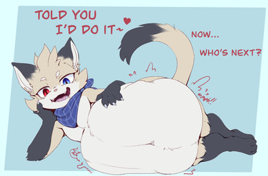 anthro belly blue_eyes claws digestion heterochromia male red_eyes smug solo teeth tongue tongue_out vore bubblebnnuy domestic_cat felid feline felis mammal hi_res