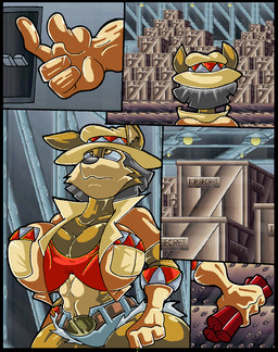 anthro belt big_breasts black_hair bottomwear box breasts brown_body brown_eyes brown_fur clothing container crate crop_top dynamite explosives female fur gloves hair handwear hat headgear headwear huge_breasts jacket light_switch multicolored_body multicolored_fur navel shirt shorts solo tan_body tan_fur text topwear two_tone_body two_tone_fur virus-20 june_coyote canid canine canis coyote mammal 2014 comic digital_media_(artwork) english_text