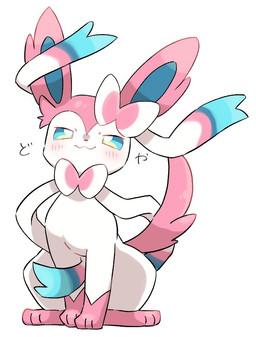 ambiguous_gender blue_eyes blush blush_lines bow_ribbon feet feral multicolored_bow multicolored_ears pink_ears pink_feet pink_tail simple_background sitting solo tail white_background white_body yakiniku628 nintendo pokemon eeveelution generation_6_pokemon pokemon_(species) sylveon