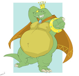 anthro belly big_belly bracelet cape claws clothing crown fangs featureless_crotch geometric_background gesture gold_(metal) gold_bracelet gold_jewelry green_body green_skin half-closed_eyes hand_behind_head hand_gesture headgear jewelry looking_at_viewer male mostly_nude narrowed_eyes navel nipples obese obese_anthro obese_male outie_navel overweight overweight_anthro overweight_male pecs plantigrade pointing pointing_at_viewer sharp_teeth simple_background solo tail teeth yellow_body yellow_skin canson donkey_kong_(series) nintendo king_k._rool crocodile crocodilian kremling reptile scalie 2023 hi_res signature