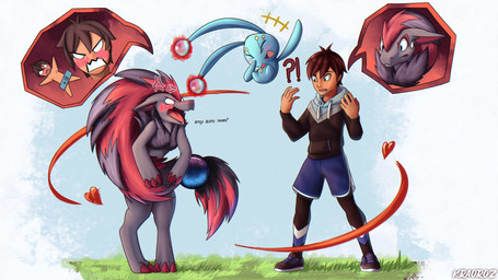 ambiguous_gender anthro body_swap cross-popping_vein feral grass group heart_swap male outside plant text trio visible_self kraorozkurogane angry_noises nintendo pokemon axel_(poke789) canid generation_4_pokemon generation_5_pokemon human legendary_pokemon mammal manaphy pokemon_(species) zoroark 16:9 4k absurd_res english_text hi_res meme widescreen