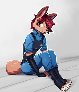 anthro armor biped brown_body brown_fur brown_tail claws clothed clothed_anthro clothed_female clothing feet female fingers front_view fur hair jumpsuit red_hair simple_background sitting smile solo tail toes topwear vest enginetrap syl_(enginetrap) canid canine canis jackal mammal 2026 digital_drawing_(artwork) digital_media_(artwork) hi_res