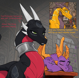 black_body book bored class desk dialogue duo female feral furniture green_eyes group horn jewelry male multi_horn necklace offscreen_character sleeping table teaching text trio yellow_body yellow_eyes apollyondragon activision mythology spyro_the_dragon cynder spyro volteer dragon mythological_creature mythological_scalie scalie 2025 digital_drawing_(artwork) digital_media_(artwork)