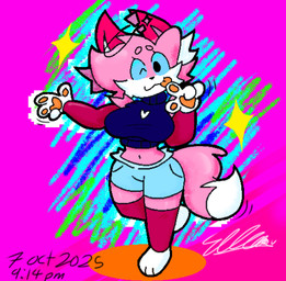 4_fingers :3 anthro blue_bottomwear blue_clothing blue_eyes blue_shirt blue_shorts blue_topwear bottomwear breasts cheek_tuft clothing countershade_face countershade_fur countershading dipstick_ears dipstick_tail ear_markings facial_tuft female fingers fur fur_markings gloves_(marking) head_tuft leg_markings markings multicolored_ears navel orange_pawpads pawpads pink_body pink_fur pointy_ears prick_ears shirt shorts socks_(marking) solo tail tail_markings tongue tongue_out topwear tuft white_markings unknown_artist domestic_cat felid feline felis mammal 2025 dated digital_drawing_(artwork) digital_media_(artwork) hi_res signature