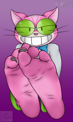 3_toes anthro barefoot black_claws bottomwear bow_tie claws clothing coat eyewear feet foot_focus fur glasses green_bottomwear green_clothing green_eyewear green_glasses green_pants lab_coat looking_at_viewer male pants pink_body pink_fur pink_nose plantigrade shirt sitting smile smiling_at_viewer soles solo teeth toe_claws toes topwear whiskers white_clothing white_shirt white_topwear wrinkled_feet wrinkles coyocislav skonczonyidiota saints_row professor_genki domestic_cat felid feline felis mammal hi_res