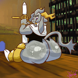 anthro antlers big_butt black_clothing black_topwear blue_eyes bodily_fluids bottomless bottomless_anthro bottomless_female butt clothed clothing eyebrows female floppy_ears fur grey_body grey_ears grey_eyebrows grey_fur grey_tail grey_tail_tuft horn huge_butt looking_back lop_ears melee_weapon mouth_closed musk narrowed_eyes rear_view sitting sweat sweaty_butt sword tail tail_tuft thick_eyebrows topwear tuft weapon white_clothing white_topwear squeezysquisher pseudoregalia sybil_(pseudoregalia) bovid caprine felid feline felis goat jackalope lagomorph mammal 1:1 2025 digital_media_(artwork) full-length_portrait hi_res portrait