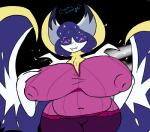 areola belly big_belly big_breasts breasts clothed clothing female huge_breasts hyper hyper_breasts mature_female nipple_outline overweight slightly_chubby solo sweater thick_thighs topwear wide_hips cosmicscourge nintendo pokemon fan_character lunae_(cosmicscourge) generation_7_pokemon legendary_pokemon lunala pokemon_(species) 2018 absurd_res hi_res