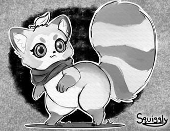 ambiguous_gender anthro big_tail chibi round_tail scarf tail wide_hips squigglydraws fan_character koro_(squigglydraws) canid canine mammal raccoon_dog tanuki hi_res monochrome genderfluid_(lore)