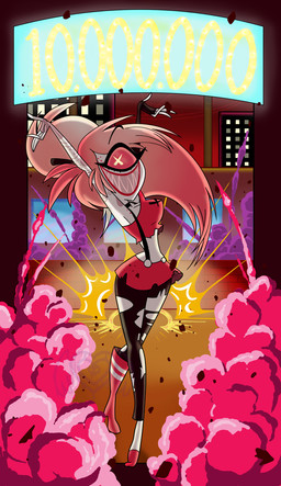1_eye boots bottomwear breasts cleavage clothed clothing explosion fangs female footwear hair legwear long_hair not_furry pink_hair ponytail red_sclera shoes skirt smile smoke solo stockings teeth torn_clothing torn_legwear torn_stockings ichicoocooart hazbin_hotel hellaverse cherri_bomb_(hazbin_hotel) cyclops demon humanoid hi_res