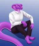 anthro barefoot clothed clothing feet living_tail male purple_body purple_skin simple_background sitting smile smiling_at_viewer snake_hood snake_tail solo tail unusual_anatomy unusual_tail unknown_artist zmeyuka_dh_(character) cobra reptile scalie snake 5:6 absurd_res digital_media_(artwork) hi_res