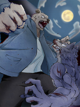 5_fingers anthro blood bodily_fluids claws clothed clothed_anthro clothed_male clothing duo fight fingers full_moon humanoid_hands male moon muscular muscular_anthro muscular_male di46699775t beastars legoshi_(beastars) riz_(beastars) bear canid canine canis mammal wolf 3:4 absurd_res colored hi_res