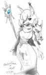 anthro clothed clothing female looking_at_viewer simple_background solo j-fujita sega shining_(sega) shining_force alef_(shining) canid canine fox mammal 5:8 monochrome traditional_media_(artwork)