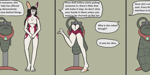 anthro biofuel_digestion dialogue digestion_sequence exhibitionism female genitals internal machine nude_anthro offscreen_character reformation solo text vore vulva willing_prey trinitite sophie_(narcissistnaru) lagomorph mammal comic english_text hi_res