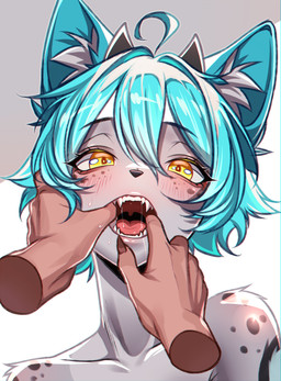 anthro blush duo fangs fangs_bared femboy finger_in_mouth hands_in_mouth male mouth_hold mouth_play open_mouth piercing solo_focus spread_mouth teeth tongue agrixxx felid feline mammal bust_portrait digital_media_(artwork) hi_res portrait