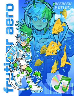 accessory antennae_(anatomy) aquarium_clothing background_text bangs bent_leg blue_clothing blue_eyes blue_hair boots bottomwear bubble cd cleavage_cutout clothed clothing cloud cutout electronics female footwear frutiger_aero fur furgonomics fuzzy gesture gloves green_antennae green_clothing green_footwear green_gloves green_handwear green_socks grin hair hand_gesture hand_on_hip handwear headphones jacket jewelry long_socks looking_at_viewer medium_hair midriff multicolored_clothing multicolored_hair musical_symbol open_clothing open_jacket open_topwear ponytail raised_leg ring shoes skirt sky smile socks solo symbol tail tail_accessory tail_jewelry tail_ring tail_tuft text topwear translucent translucent_clothing translucent_jacket tuft v_sign water waving kai_texel alien alien_humanoid aquatic clownfish fish humanoid pomacentrid hi_res signature