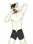 anthro boxers_(clothing) bulge clothing male open_mouth pose simple_background solo underwear white_background yawn fuze wolfgang_(fuze) canid canine canis mammal wolf