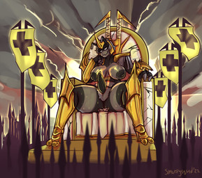 animal_genitalia anthro areola armor army big_areola big_breasts bodily_fluids breasts chair clothing convincing_weapon footwear furniture gauntlet_blades gauntlets genital_slit genitals gloves gold_(metal) gold_armor greaves grey_body gynomorph hair hand_on_chin handle_wrap handwear high_heels intersex melee_weapon musk nipples on_chair polearm sabatons shoes shoulder_pads sitting sitting_on_chair sitting_on_throne smile smirk solo spear standard sweat sweaty_legs sweaty_thighs sword symbol throne unconvincing_armor wavy_hair weapon smuttysquid stella_(lancypants) arthropod bee hymenopteran insect hi_res