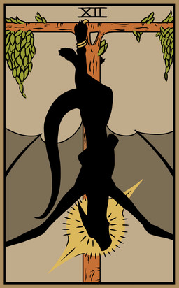 ambiguous_gender bound card feral halo leaf major_arcana plant roman_numeral rope silhouette simple_background solo suspension tarot tarot_card the_hanged_man_(tarot) tree upside_down iuno european_mythology mythology dragon mythological_creature mythological_scalie scalie western_dragon hi_res