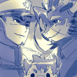 anthro bodily_fluids chibi clothing grin group hair hat headgear headwear horn long_hair male military_uniform nervous scar smile sweat uniform mid_skb lifewonders mythology tokyo_afterschool_summoners bandaid_protagonist_(tas) fuxi_(tas) protagonist_(tas) yoritomo_(tas) dragon human mammal mythological_creature mythological_scalie scalie 1:1