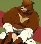 angry anthro belly black_nose bodily_fluids brown_body bulge clothed clothing erection erection_under_clothing genital_fluids keikogi kemono male martial_arts_uniform moobs nipples overweight overweight_male precum sitting solo sportswear shun1124 morenatsu juuichi_mikazuki bear mammal 2015