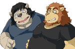 anthro belly blush clothing duo eyewear glasses humanoid_hands kemono male overweight overweight_male shirt simple_background topwear white_background train_(artist) felid lion mammal pantherine 2020